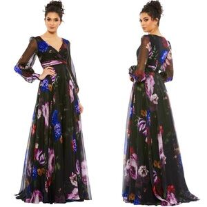 Mac Duggal Chiffon Bishop Sleeve Floral Print Gown Black Multi NWT Size 8 67872
